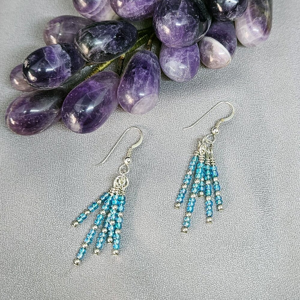 NWOT Earrings, Handcrafted of Turquoise Seed Beads w/SS Beads & Ear Wires - 2"